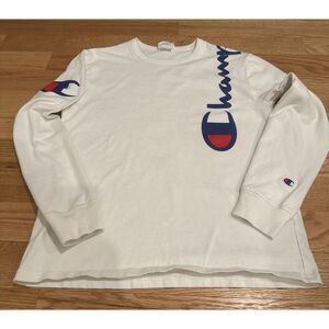 Champion Men's Pullover Long Sleeve White Shirt Medium Logo Over Shoulder